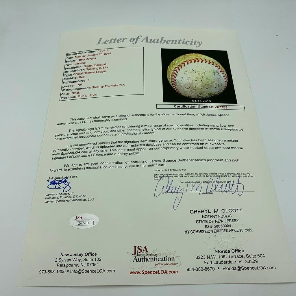 1937 Billy Jurges Chicago Cubs Game Used Actual Hit Baseball With Glove JSA COA - MLB Game Used Baseballs
