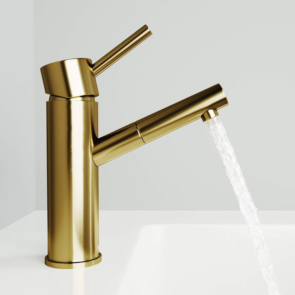 VIGO Noma Single-Handle Single-Hole Mount Bathroom Sink Faucet, 8-Inch, Matte Brushed Gold, Modern Design, Solid Brass, 1.2 GPM WaterSense & Ceramic Disc Valve, Corrosion-Resistant