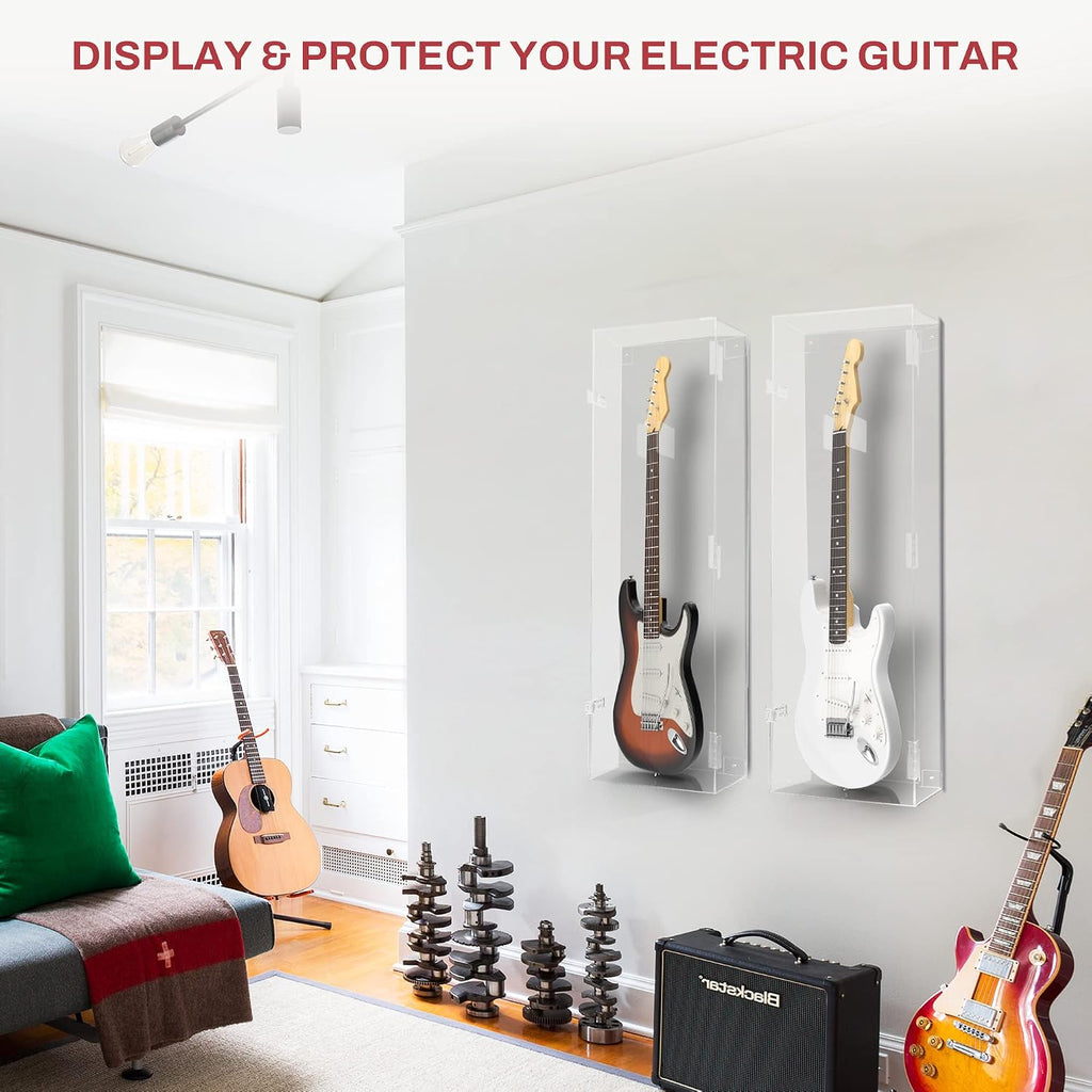 PENNZONI Electric Guitar Display Case - Fully Acrylic Electric Guitar Case with Clear Back - Horizontal Guitar Display Case Wall Mount, Guitar Wall Case Made from Clear Acrylic
