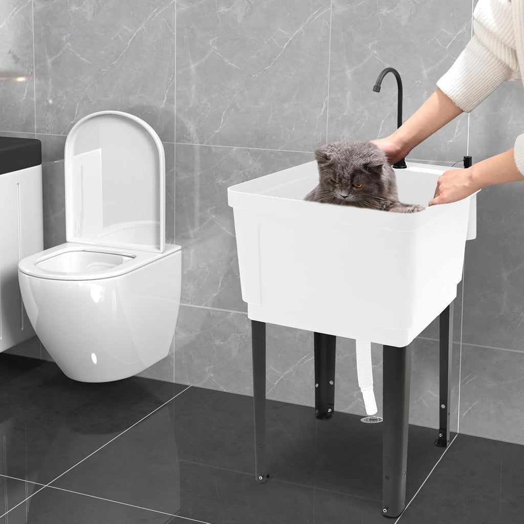 Freestanding Space Saver Utility Sink 19.68 * 19 * 33.07in kitchen Sink with Washboard Utility Sink with Cold and Hot Water Faucet, Hoses and Soap Dispenser for Laundry Room, Garage, Basement (White)