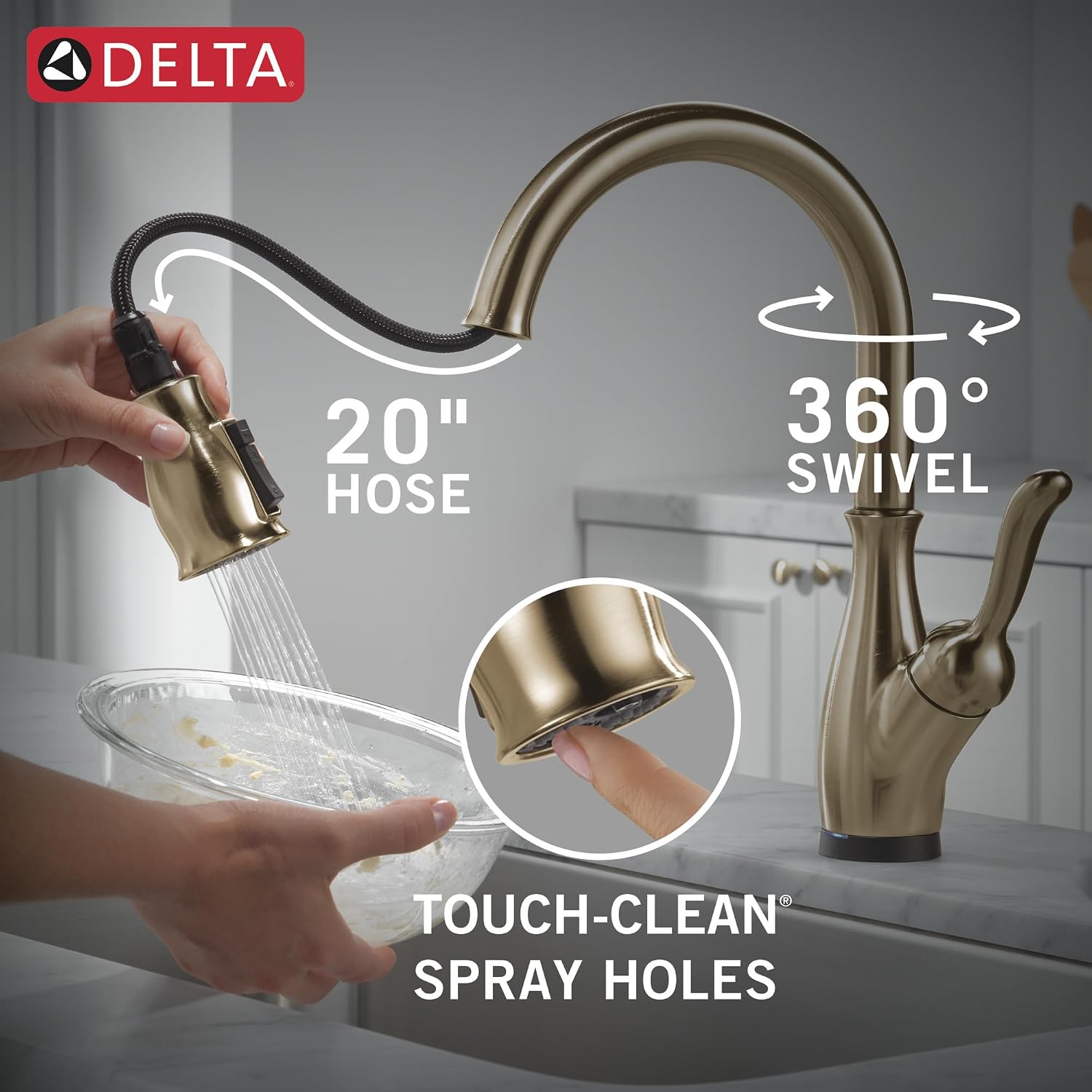Delta Leland Brushed Gold Touch Kitchen Faucet with Pull Down Sprayer, Traditional Single Hole Touch On Kitchen Sink Faucet, Single Handle, Champagne Bronze 9178T-CZ-DST