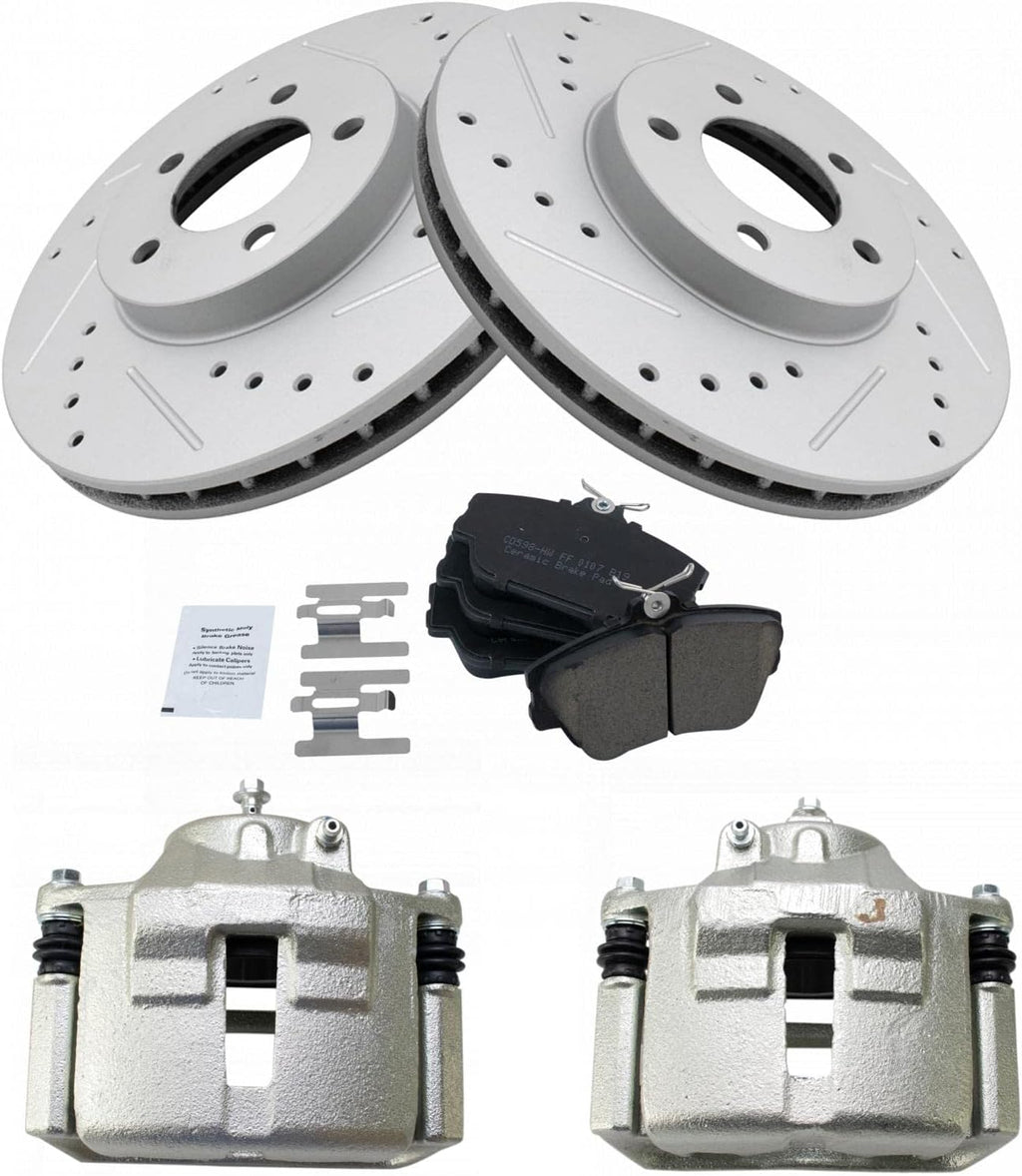 TRQ Performance Front Brake Pad and Rotor Set Ceramic G Coated Drilled Slotted Rotors Calipers Compatible with 2001-2007 Ford Taurus 2002 Lincoln Continental 2001-2005 Mercury Sable
