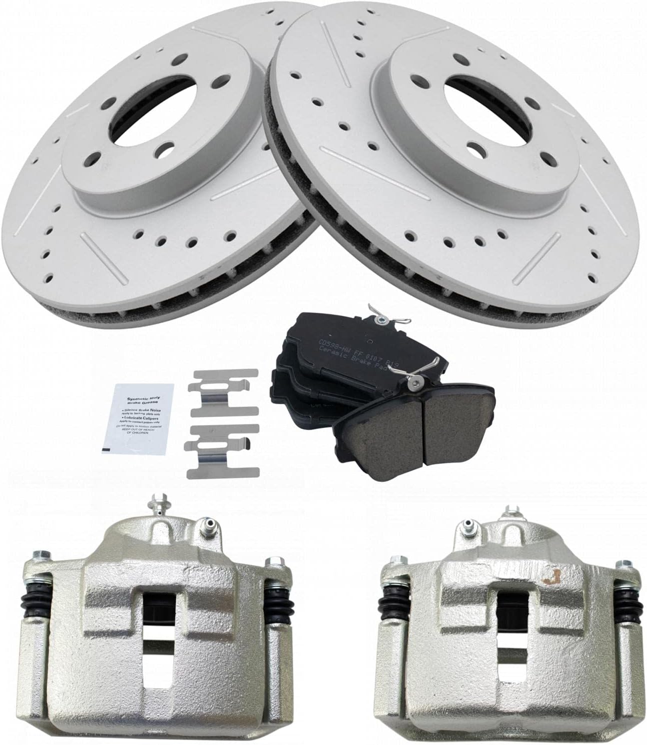TRQ Performance Front Brake Pad and Rotor Set Ceramic G Coated Drilled Slotted Rotors Calipers Compatible with 2001-2007 Ford Taurus 2002 Lincoln Continental 2001-2005 Mercury Sable
