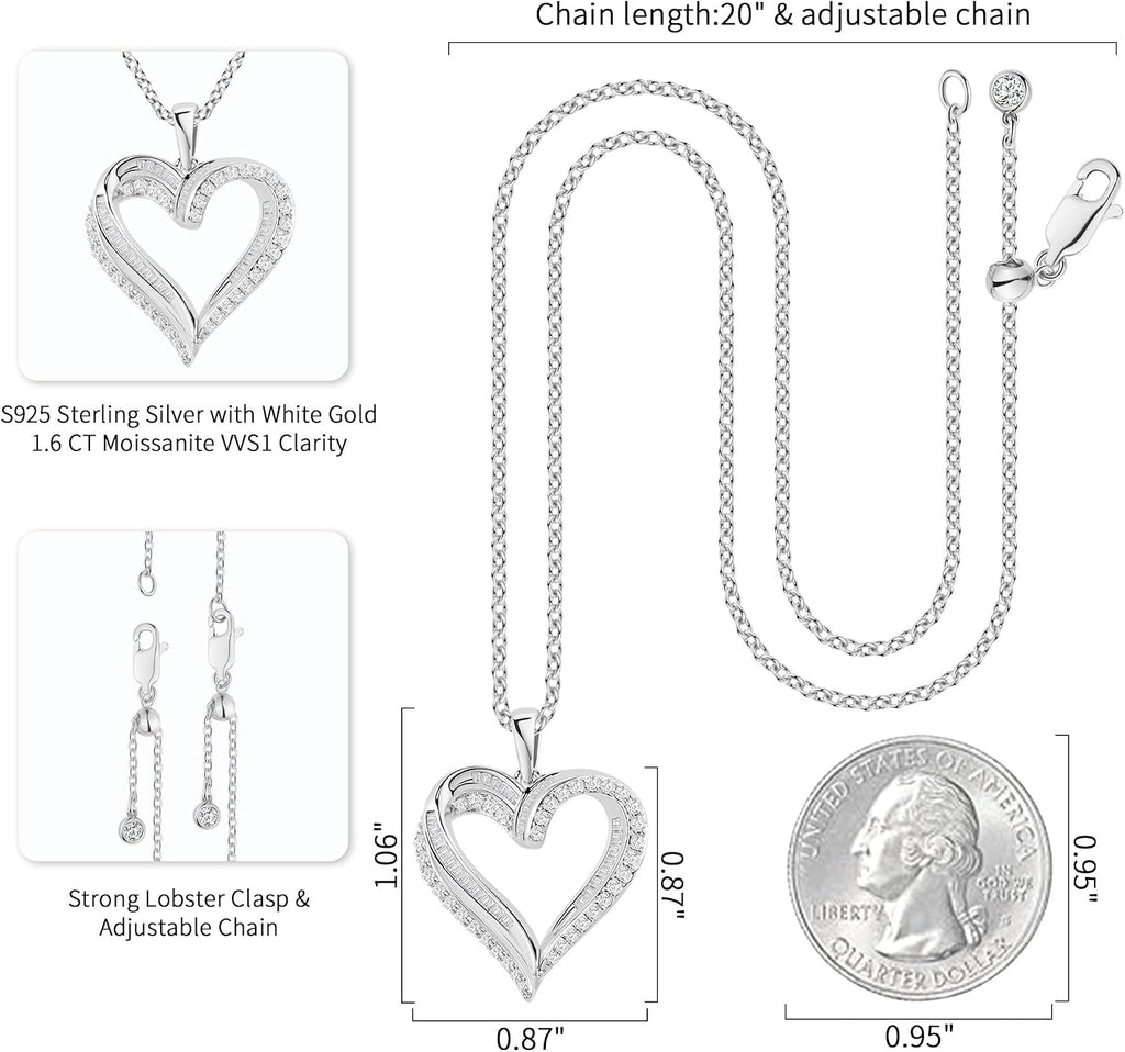 ASHINE Endless Love 1.6CT Moissanite Heart Necklace for Women, 925 Sterling Silver White Gold Plated, VVS1 Clarity Mixed-Cut Pendant