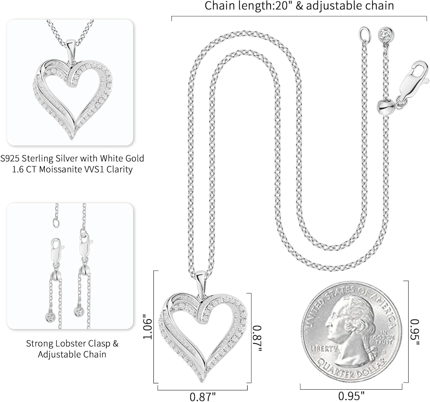 ASHINE Endless Love 1.6CT Moissanite Heart Necklace for Women, 925 Sterling Silver White Gold Plated, VVS1 Clarity Mixed-Cut Pendant