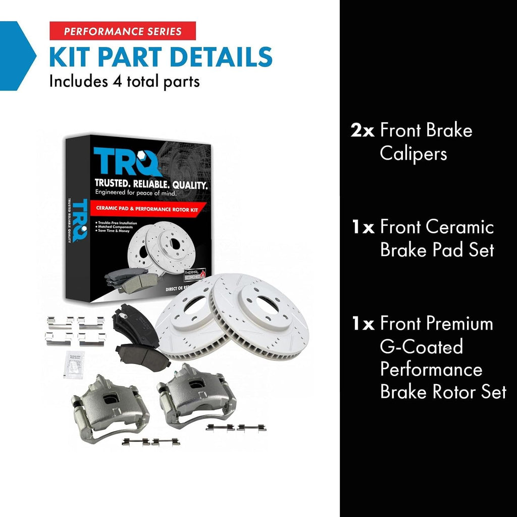 TRQ Performance Front Brake Pad and Rotor Set Ceramic Coated Drilled Rotors Calipers Compatible with 97-04 Buick Park Avenue 97-05 Cadillac DeVille Eldorado Seville 00-05 Chevrolet Impala Monte Carlo