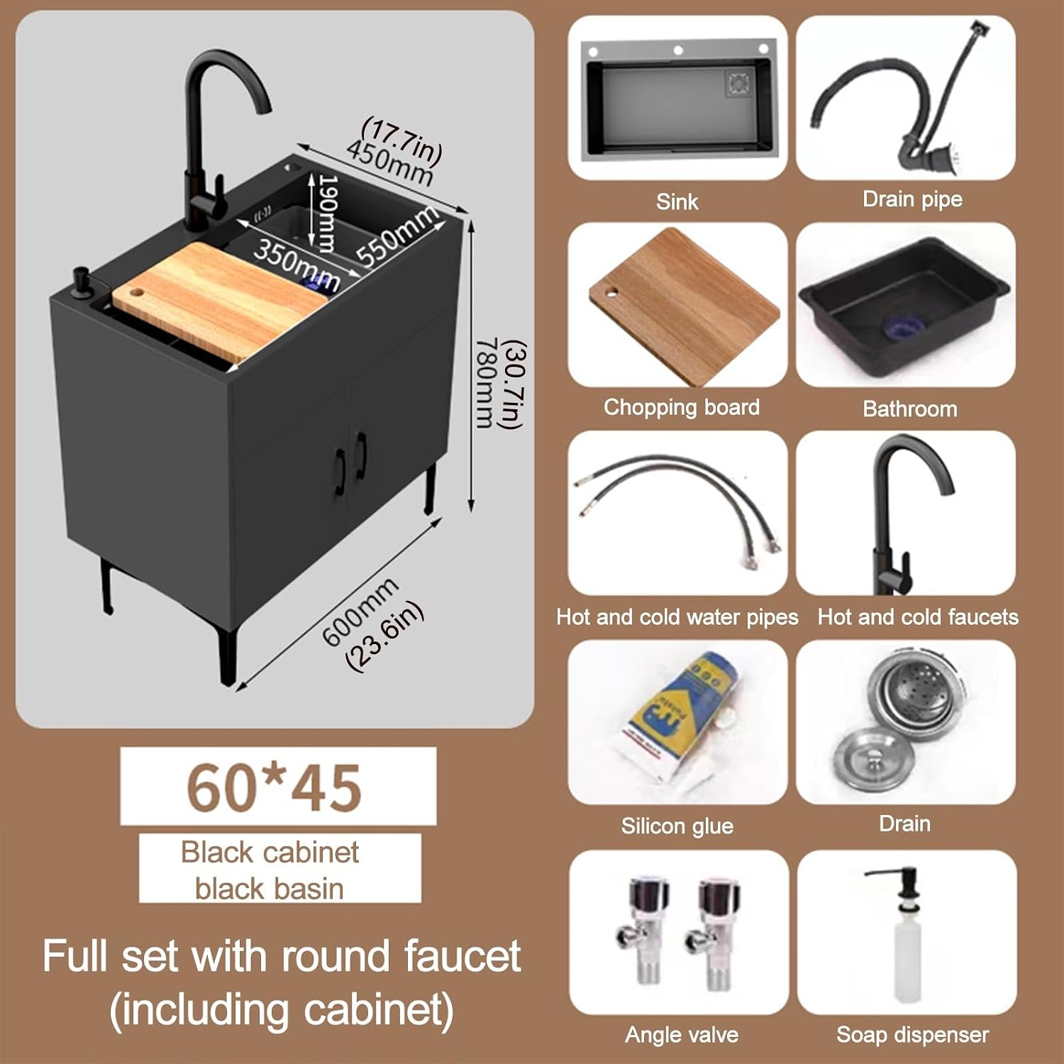 Cabinet Stainless Steel Sink with Storage,Commercial Kitchen Sink with Pull-Out Faucet,Bathroom Sink with Black Faucet and Storage Shelves,for Kitchen,Restaurant,Outdoor,Laundry
