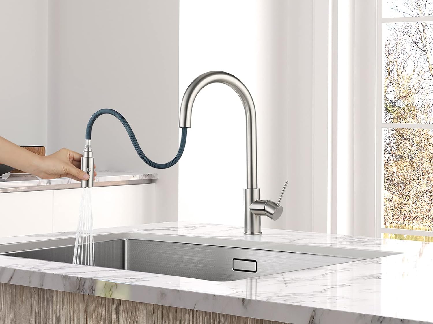 AguaStella AS60BN Brushed Nickel Kitchen Sink Faucet with Pull Down Sprayer Single Handle