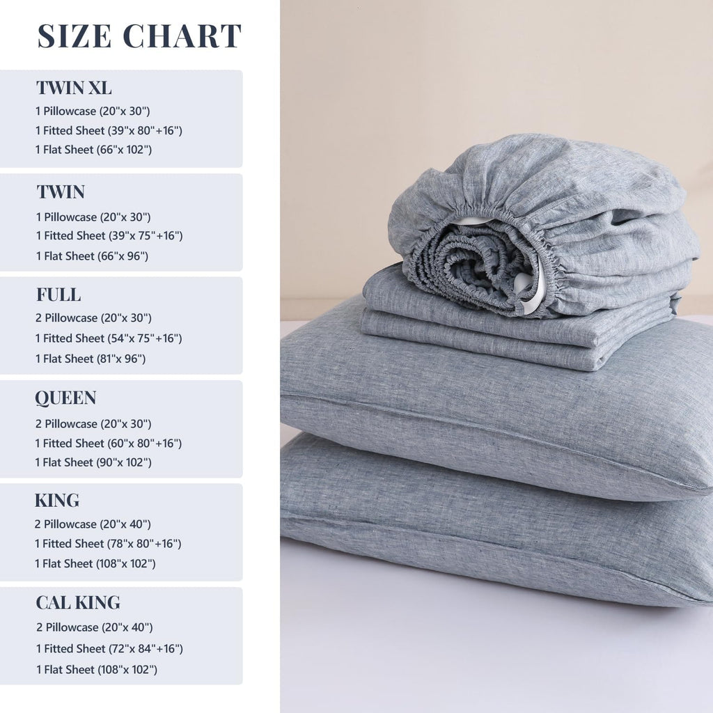 S VICTORY SYMBOL 100% Organic Linen Chambray Sheets Set King Size,Washed French Flax Bed Sheets 4 Pieces(2 Pillowcases,1 Fitted Sheet,1 Flat Sheet) 16inch Deep Pockt,Yarn Dyed Blue Denim