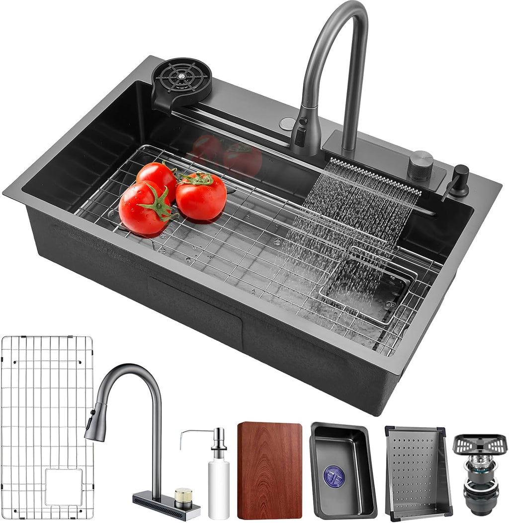 Waterfall kitchen sink 26X20' black Undermount Kitchen Sink with Pull-Out Faucet Stainless Steel Drop In Kitchen Sink Single Bowl with Accessories