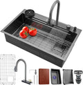 Waterfall kitchen sink 26X20' black Undermount Kitchen Sink with Pull-Out Faucet Stainless Steel Drop In Kitchen Sink Single Bowl with Accessories