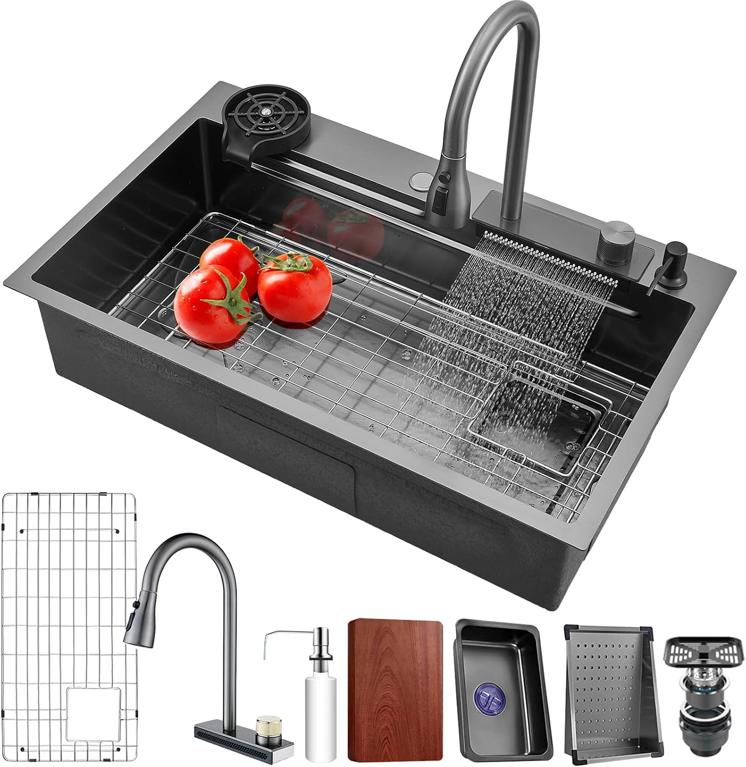 Waterfall kitchen sink 30X20' black Undermount Kitchen Sink with Pull-Out Faucet Stainless Steel Drop In Kitchen Sink Single Bowl with Accessories