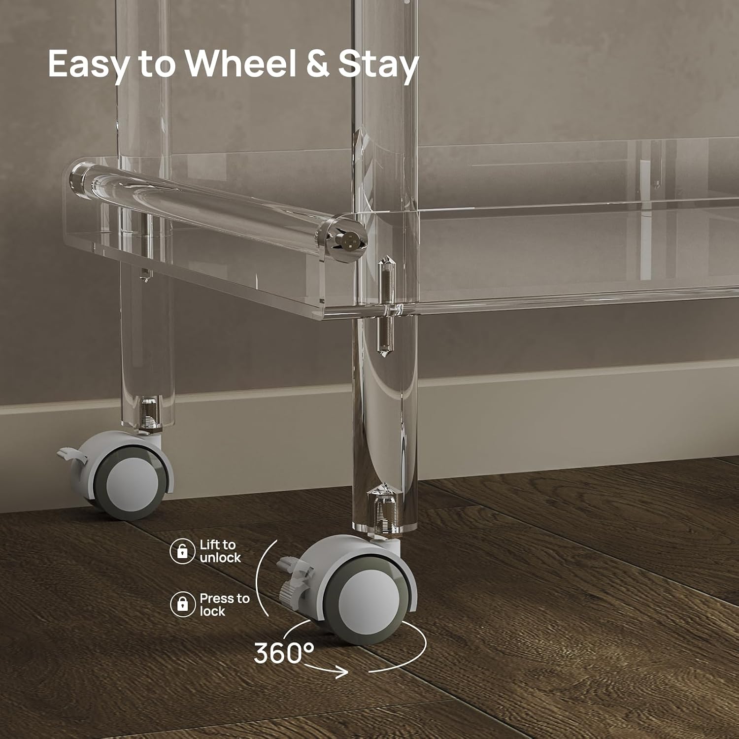 HMYHUM Acrylic Bar Cart, Rolling Serving Cart with 4 Lockable Wheels for the Home Bar, Kitchen, Living Room, Modern, 2-Tier, 23.6' L x 15' W x 30' H, Clear