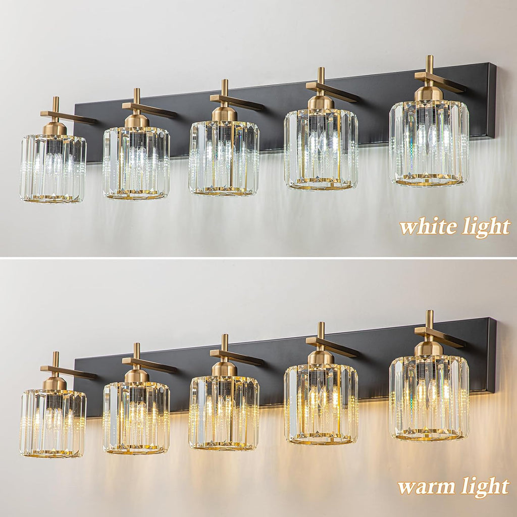 Modern Crystal Bathroom Vanity Lights, Black Gold 5-Lights Bathroom Light Fixtures Over Mirror, Crystal Wall Lighting with Polished Gold Finish(Exclude Bulb)