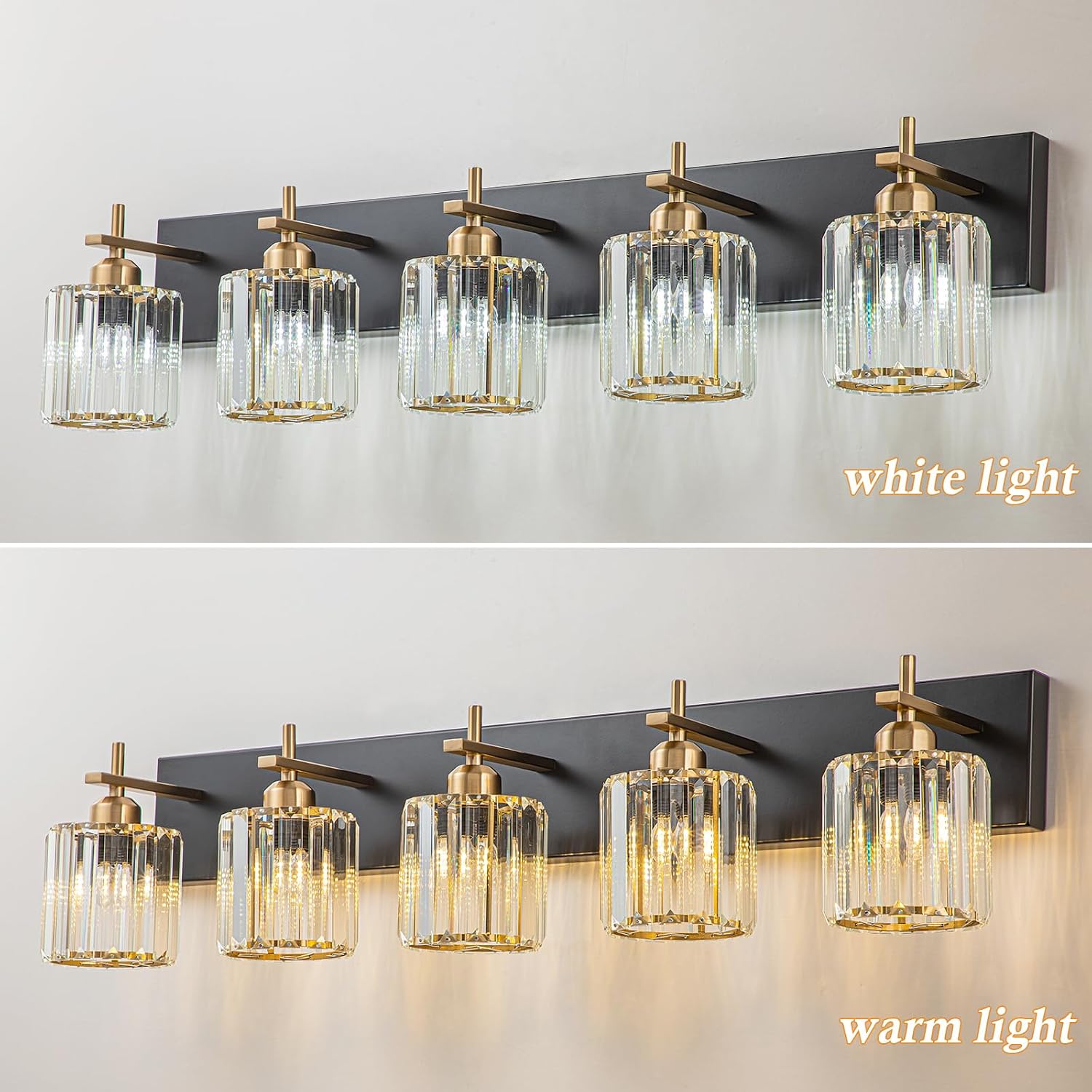 Modern Crystal Bathroom Vanity Lights, Black Gold 5-Lights Bathroom Light Fixtures Over Mirror, Crystal Wall Lighting with Polished Gold Finish(Exclude Bulb)
