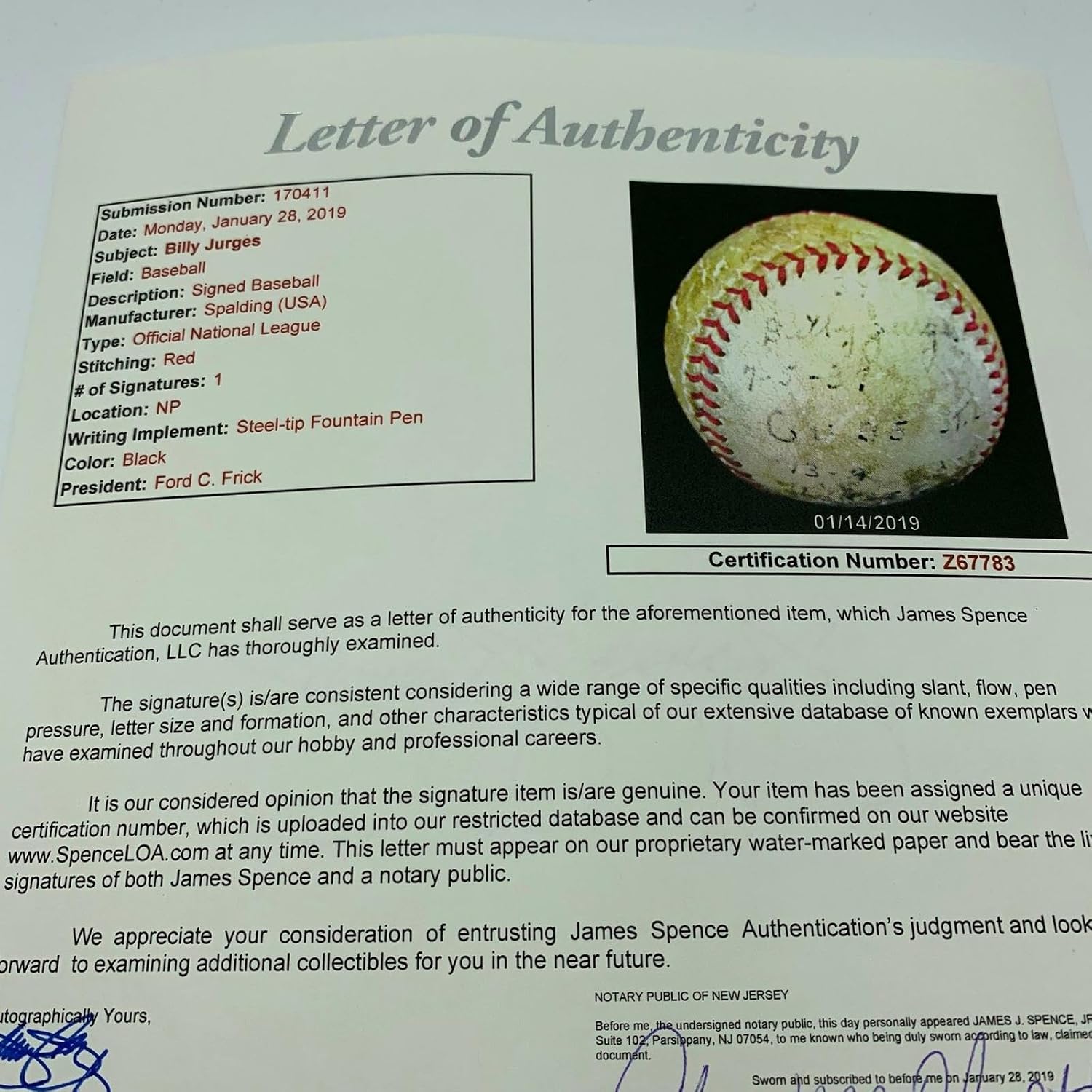 1937 Billy Jurges Chicago Cubs Game Used Actual Hit Baseball With Glove JSA COA - MLB Game Used Baseballs