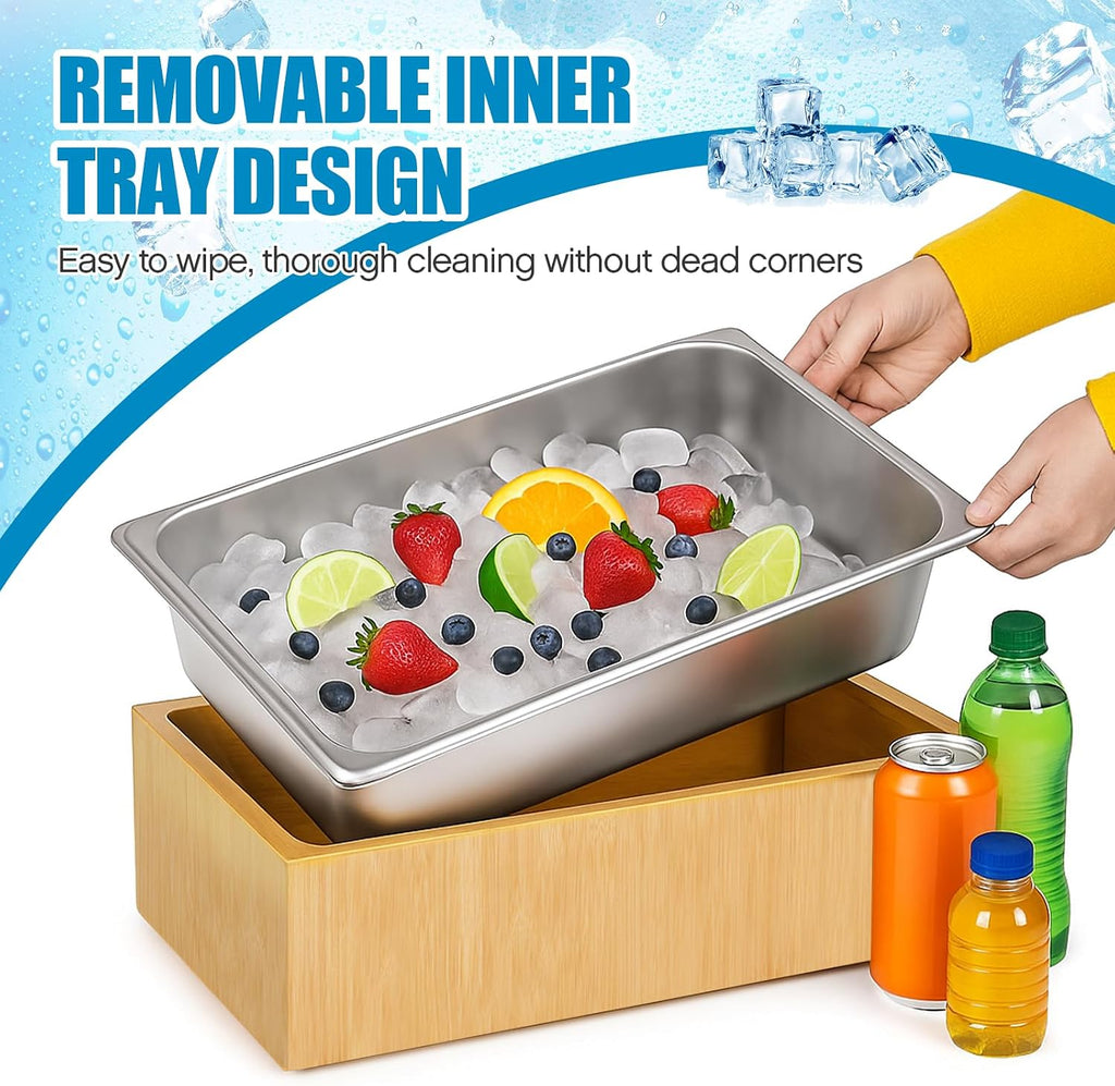 Honeydak Large Ice Housing Bin with Removable Tray Ice Holder Container Wine Beer Champagne Drink Bucket Beverage Tub for Freezer Display Buffet Counter Party Chiller (Bamboo and Steel)