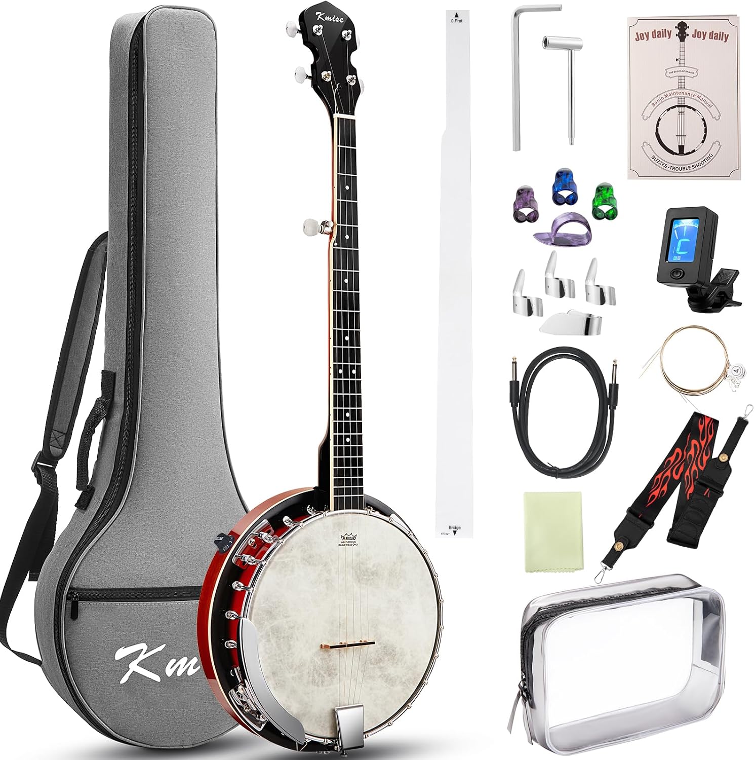 Kmise Banjo, 5 String Electric Acoustic Banjos with Remo Head Full Size 38 Inch and Kmise Stretchy Adjustable Guitar Strap with Guitar Capo and Strap Button