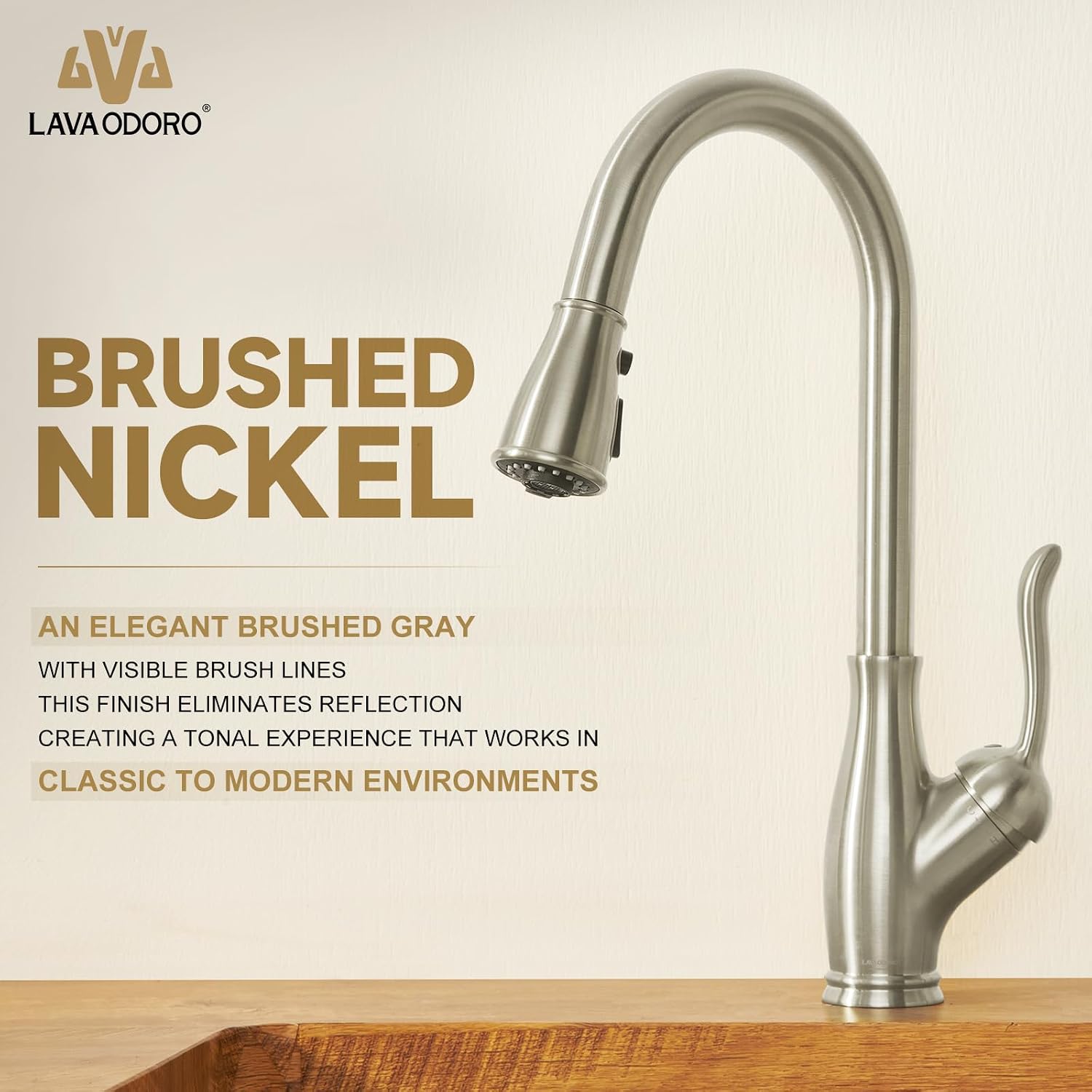 Lava Odoro Kitchen Faucet with Pull Down Sprayer, Brushed Nickel Kitchen Sink Faucet with Magnetic Docking Spray 3-Function, Brass Faucet for Kitchen Sink 1 Hole and 3 Hole with Deck Plate, KF271-BN