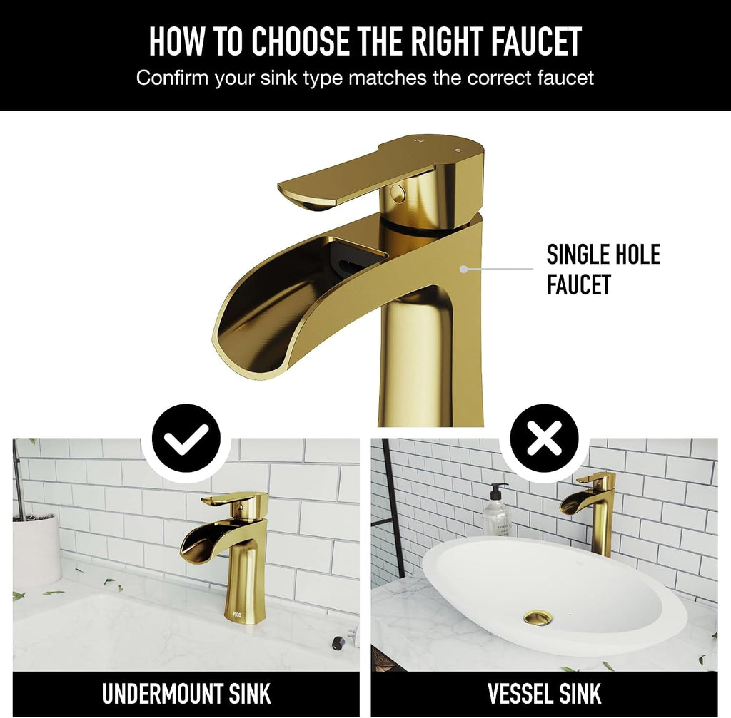 VIGO Paloma Waterfall Single-Handle Single-Hole Mount Bathroom Sink Faucet, 7-Inch, Matte Brushed Gold, Modern Design, Solid Brass, 1.2 GPM WaterSense & Ceramic Disc Valve - VG01041MG