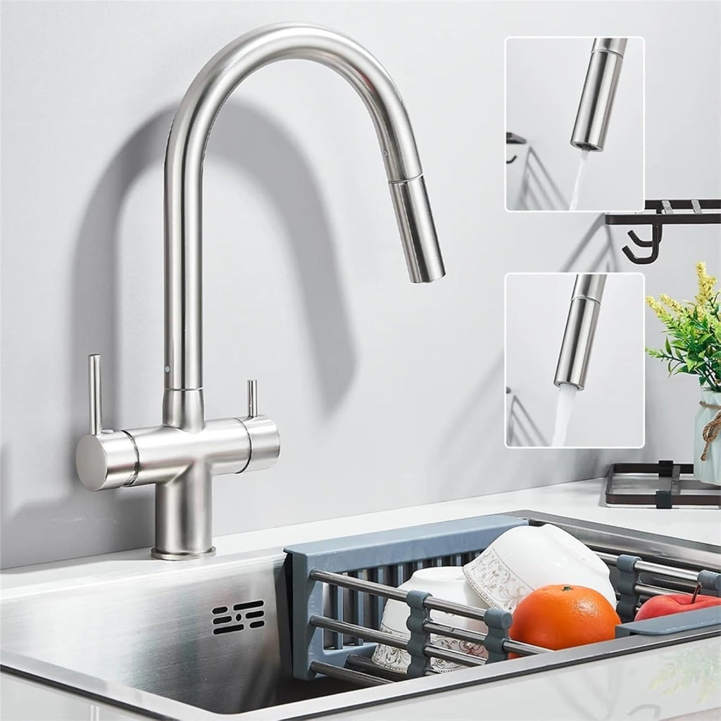 Kitchen Faucet Pure Water Pull Out 360 Rotation Hot and Cold Water Mixer Tap Dual Handle Deck Mounted Sink Crane(Brushed Nickel)