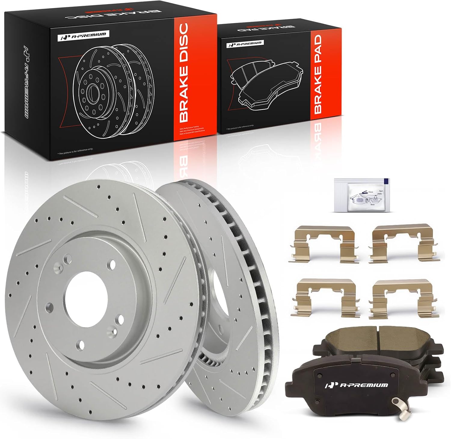 A-Premium 11.81 inch(300 mm) Front Drilled and Slotted Disc Brake Rotors + Ceramic Pads Kit Compatible with Select Hyundai and Kia Models - Optima 2011-2016, Sonata 2011-2015, 6-PC Set
