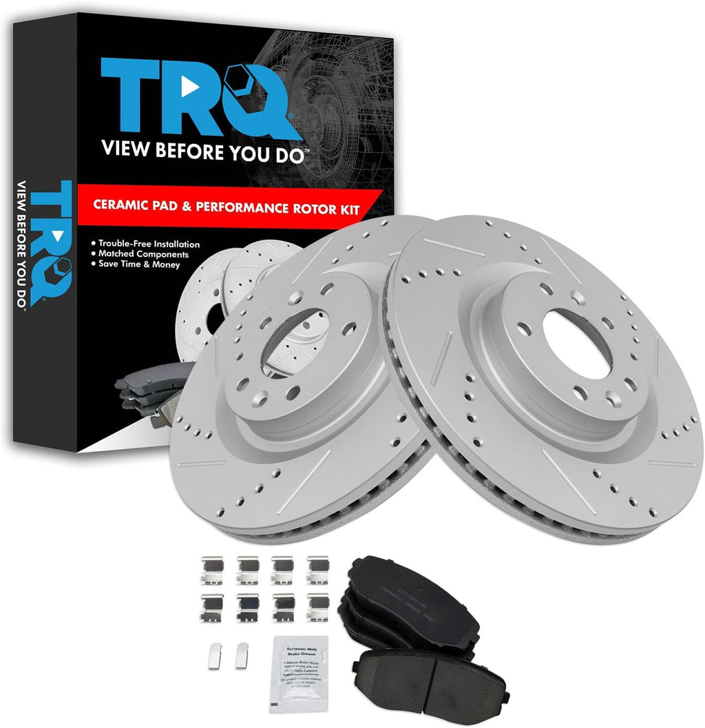 TRQ Performance Front Brake Pad and Rotor Set Ceramic Coated Drilled Slotted Rotors Compatible with 2007-2015 Mazda CX-9