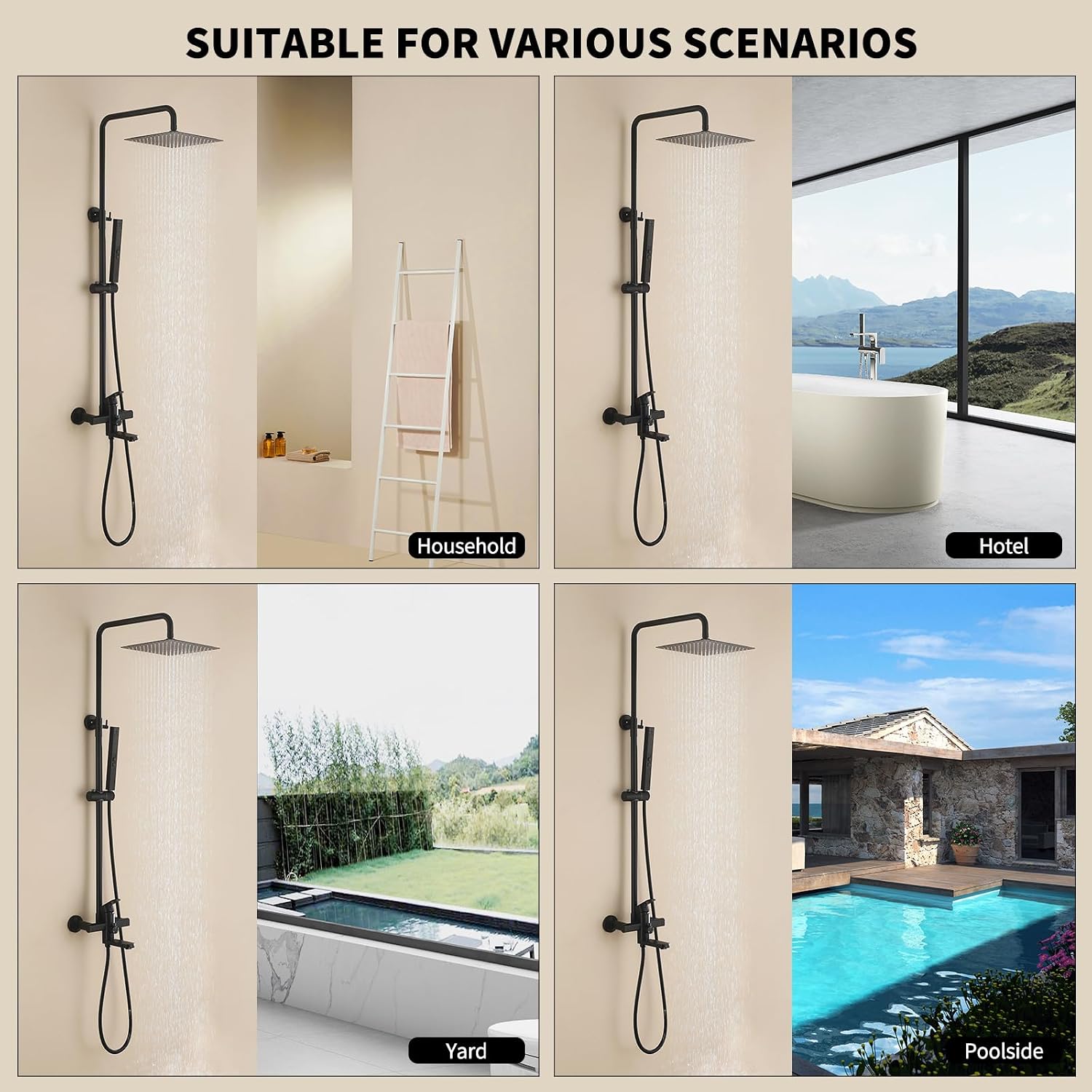 Exposed Shower System 10' Matte Black Rainfall Shower Head with 2 Modes Handheld and Tub Faucet Set, Square Shower Head 3 Functions Outdoor Shower Fixtures with Brass Valve, Height Adjustable