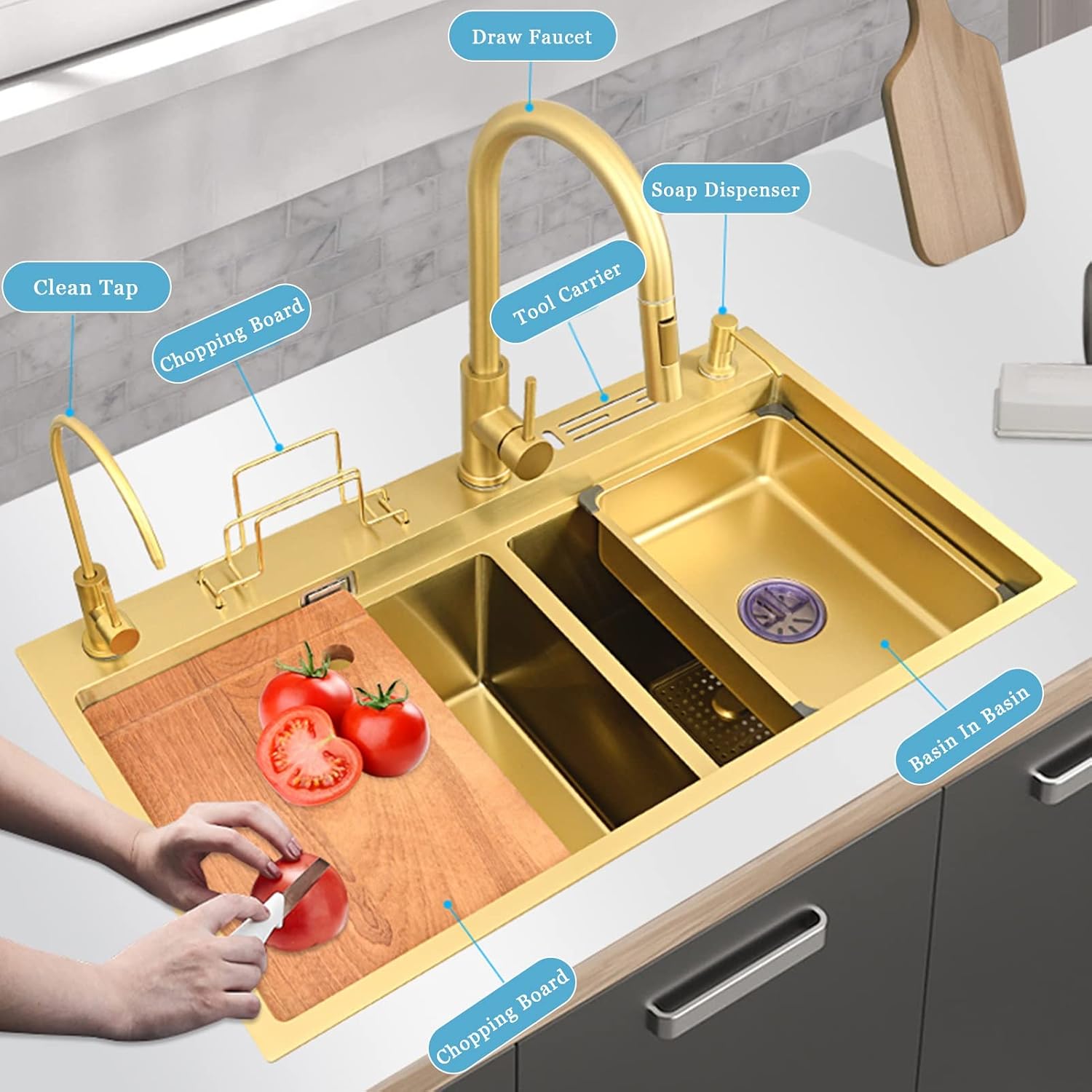 Kitchen Sink 304 Stainless Home Sink Kitchen, Double Gold Sink Kitchen, with Faucet, Clean Faucet, Soap Dispenser, Cutting Board and Accessories,Gold C-78x46cm