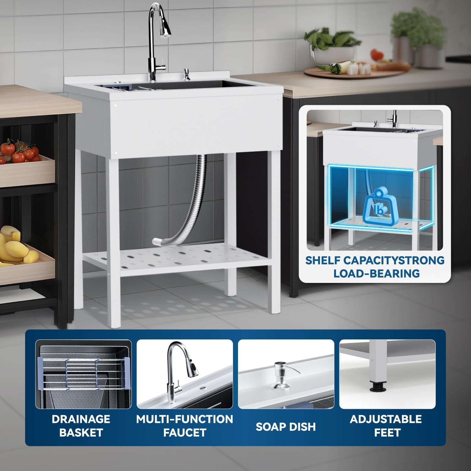 Stainless Steel Utility Sink,29' Freestanding Sink with Cold and Hot Water Faucet,Hoses and Drain Kit Commercial Kitchen Single Bowl,Laundry Sink for Kitchens,Laundry Room, Garage (29x21x36 White)