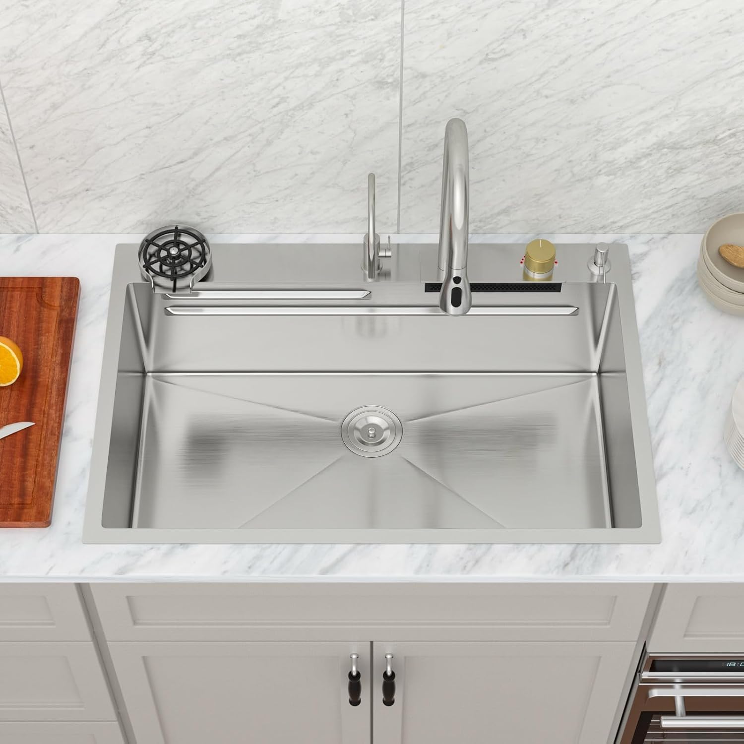 Logmey Waterfall Sink 33x19 Drop in Kitchen Sink with Pull-out Faucet,Multifunctional All in One Workstation Sinks,16 Gauge Stainless Steel,Double Step,5 Hole,Ideal for Luxury & Minimalist Style