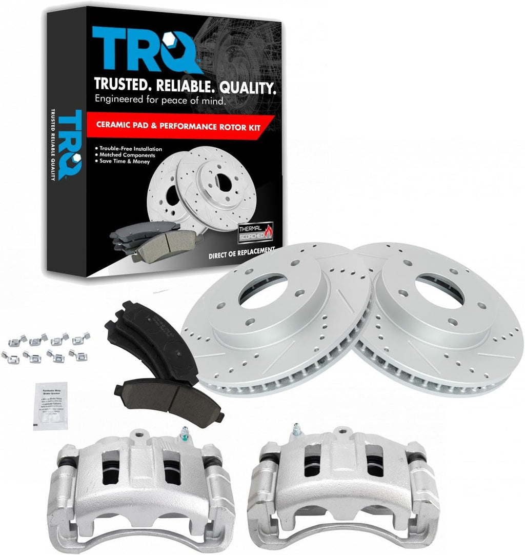 TRQ Performance Front Brake Pad and Rotor Set Ceramic Drilled Coated Rotors Calipers Compatible with 98-05 Chevrolet Blazer S10 98-03 GMC Sonoma 98-01 Jimmy Oldsmobile Bravada 98-00 Isuzu Hombre