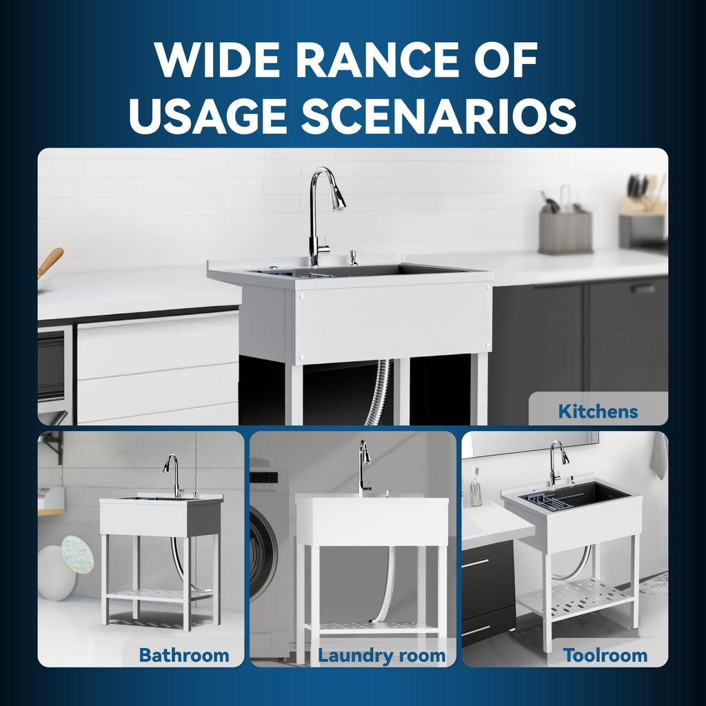 29' Freestanding Utility Sink，Heavy Duty Stainless Steel Laundry Room Sink，Commercial Kitchen Sinks with Hot & Cold Water for Garage,Kitchens Outdoor (29 * 21 * 36 White)