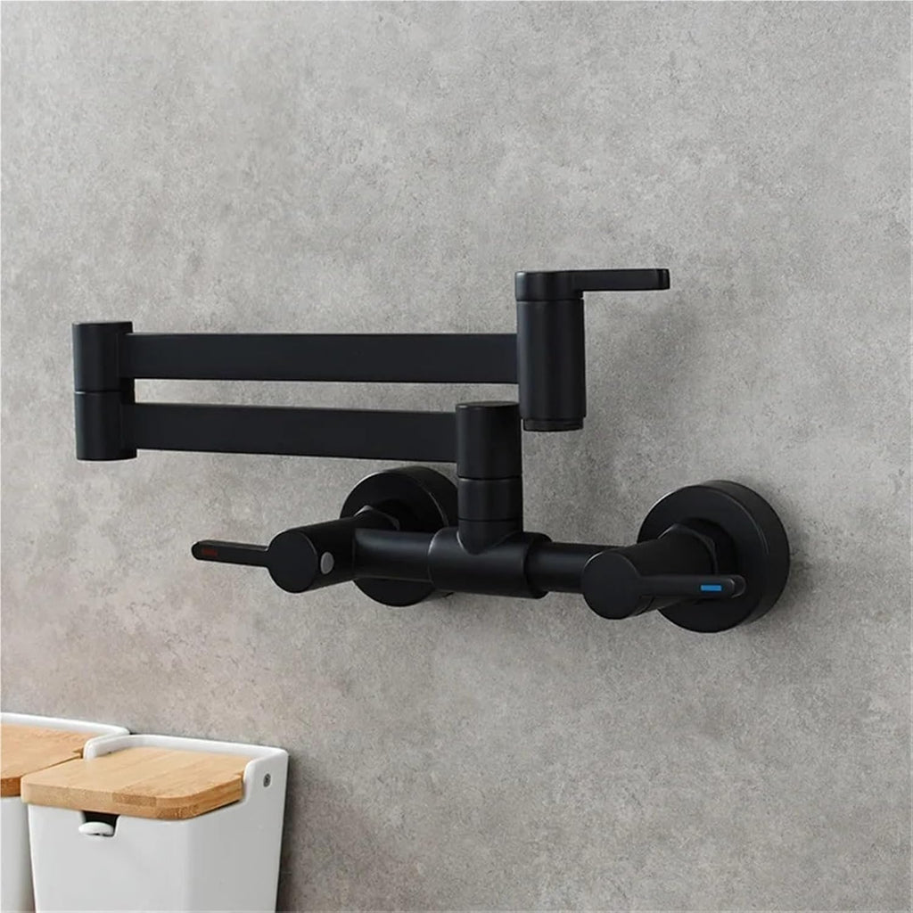 Pot Filler Tap Wall Mounted Foldable Kitchen Faucet Hot and Cold Single Hole Sink Tap Rotate Folding Spout(Black A)