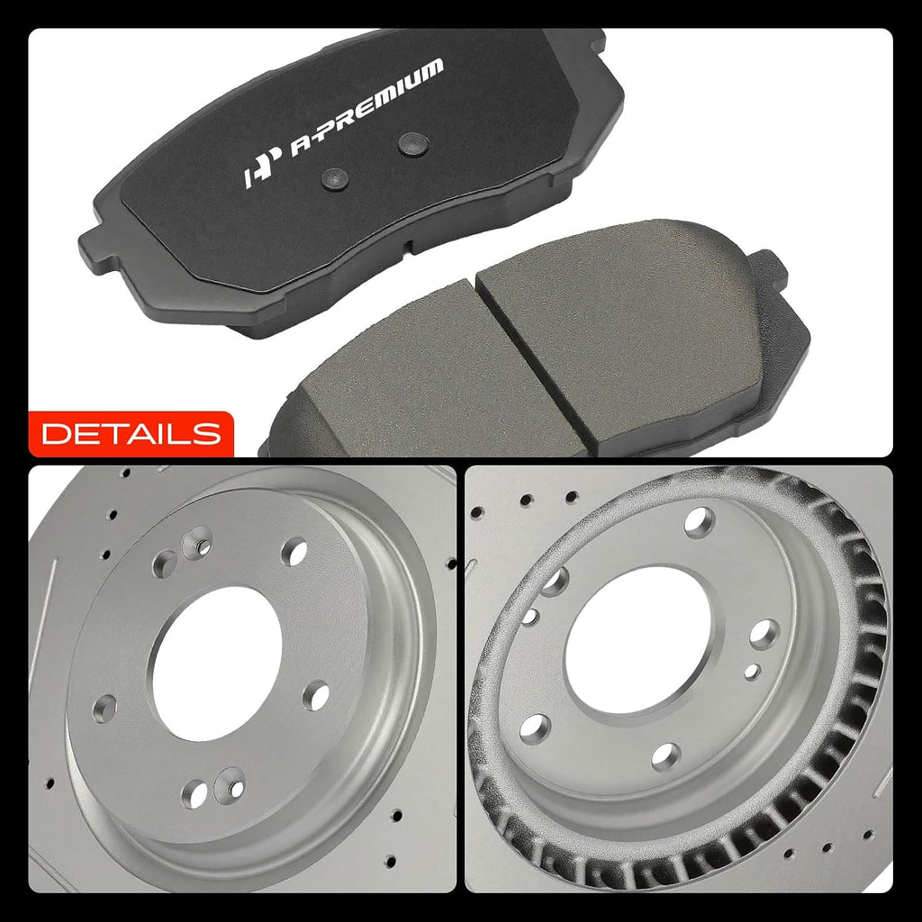 A-Premium 12.00 inch (305mm) Front Drilled and Slotted Disc Brake Rotors + Ceramic Pads Kit Compatible with Select Hyundai and Kia Models - Sonata 2015-2019, Kona Electric, Optima, Niro EV, 6-PC Set