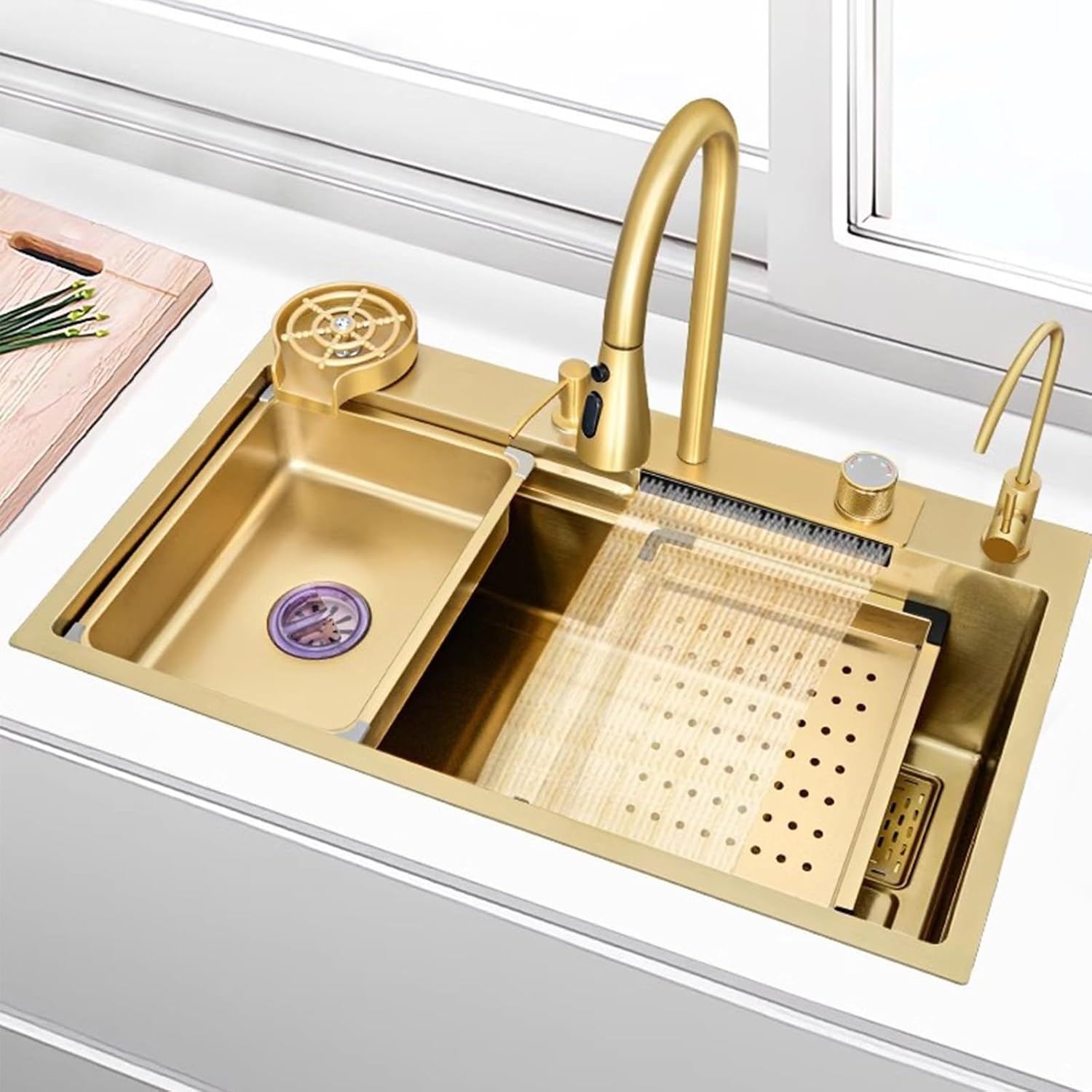 Golden Kitchen Sink Stainless Steel Waterfall Sink Large Single Bowl Sink Built-in Sink Waterfall Faucet Complete Accessories(Size:68x45cm)