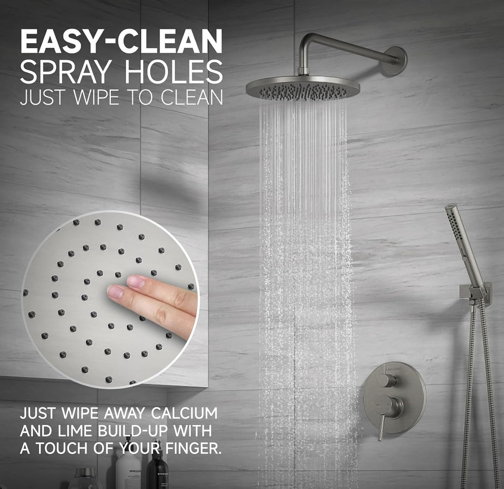 Lava Odoro Modern 2-Setting Round Rain Shower System, Brushed Nickel Rainfall Shower Faucet Set Rain Shower Head and Handle Set, Shower Valve Trim Kit,10 Inch, Brushed Stainless, SF104-BN