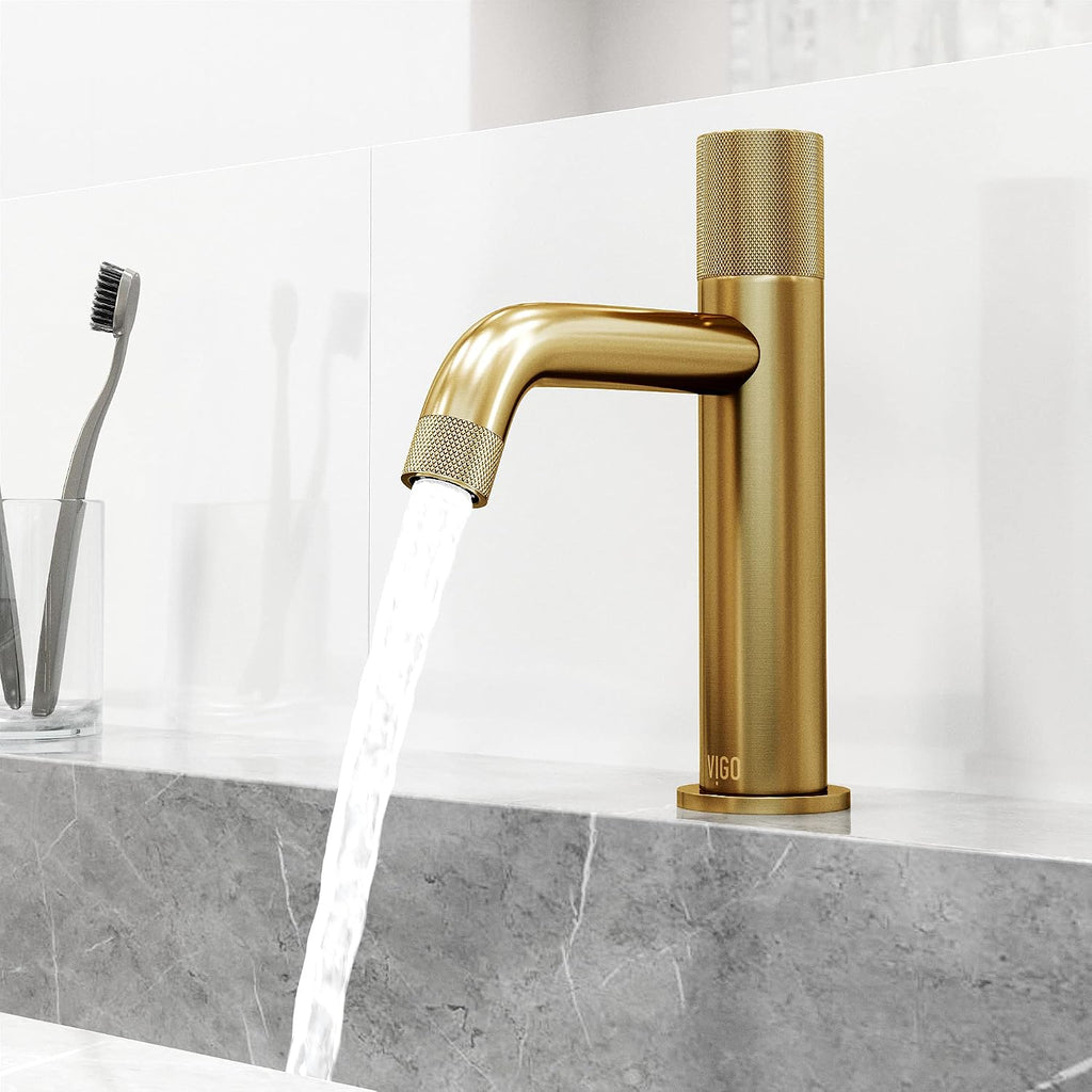 VIGO Apollo Single-Handle Single-Hole Mount Bathroom Sink Faucet, 8-Inch, Matte Brushed Gold, Modern Design, Solid Brass, 1.2 GPM WaterSense & Ceramic Disc Valve, Corrosion-Resistant