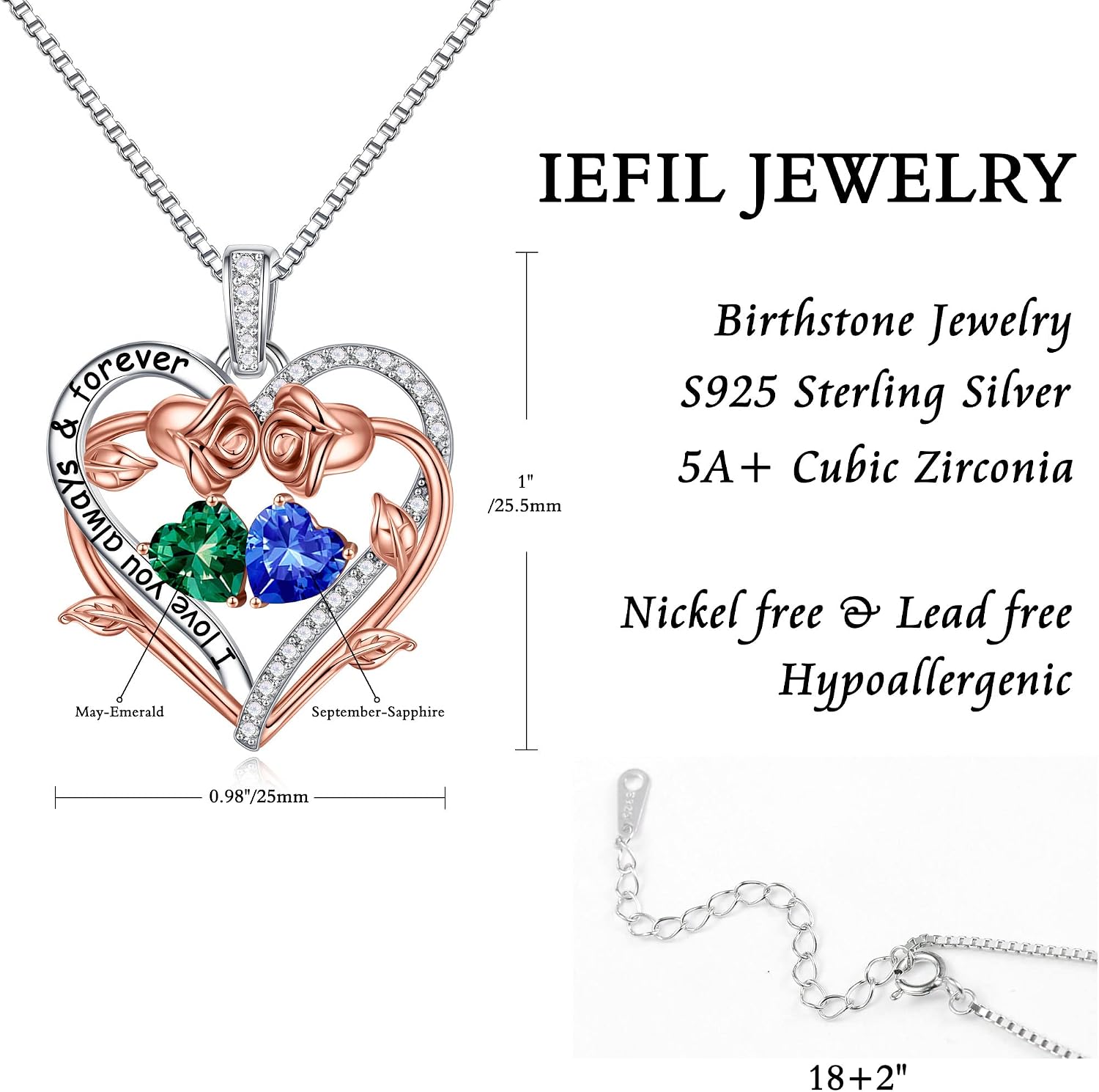 Iefil Rose Heart Double Birthstone Necklace Gifts for Wife Girlfriend Her Women, Birthstone Jewelry Gemstone Birthday Gifts for Mom Grandma Her Wife Women