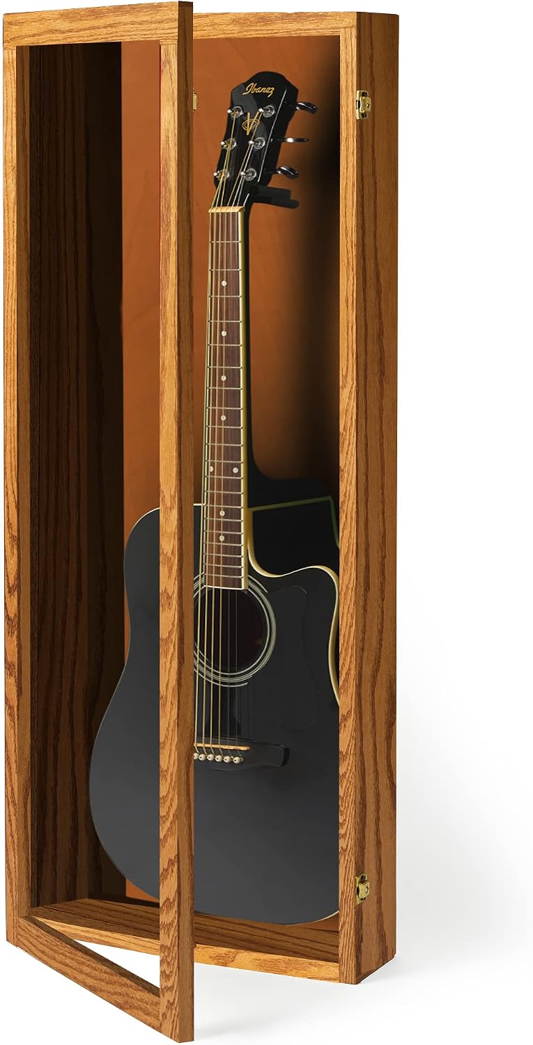 PENNZONI Acoustic Guitar Display Case - Acrylic Acoustic Guitar Case - Guitar Display Case Wall Mount, Guitar Wall Case Made from Hardwood Frame & Clear Acrylic | Natrual Oak