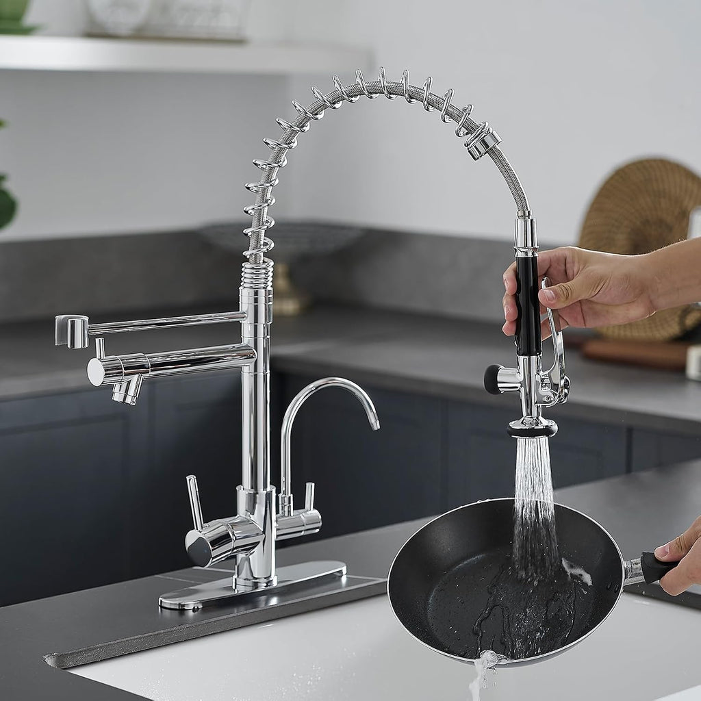 Fapully 3 in 1 Kitchen Faucet with Water Filler and Pull Down Sprayer, Chrome Commercial Kitchen Sink Faucet with Drinking Water Faucet for 1 or 3 Holes Sink