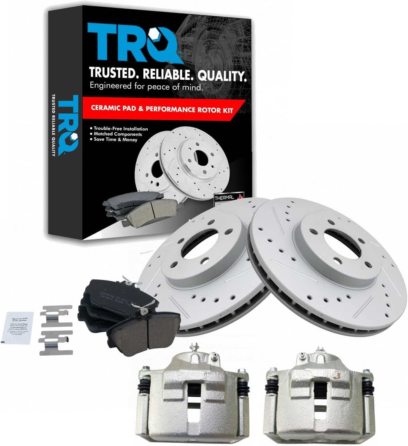 TRQ Performance Front Brake Pad and Rotor Set Ceramic G Coated Drilled Slotted Rotors Calipers Compatible with 2001-2007 Ford Taurus 2002 Lincoln Continental 2001-2005 Mercury Sable