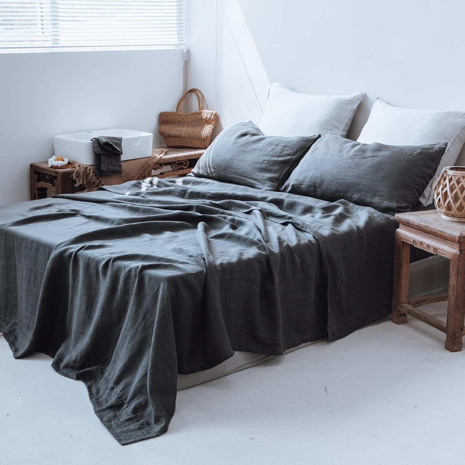 Simple&Opulence 100% Linen Sheet Set 3pcs Basic Style, Deep Pocket, Natural French Washed Flax Solid Color Soft Breathable Bed Sheets - Dark Grey, Twin