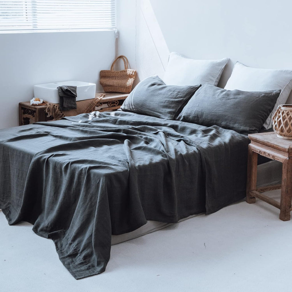 Simple&Opulence 100% Linen Sheet Set 4pcs Basic Style, Deep Pocket, Natural French Washed Flax Solid Color Soft Breathable Bed Sheets - Dark Grey, King