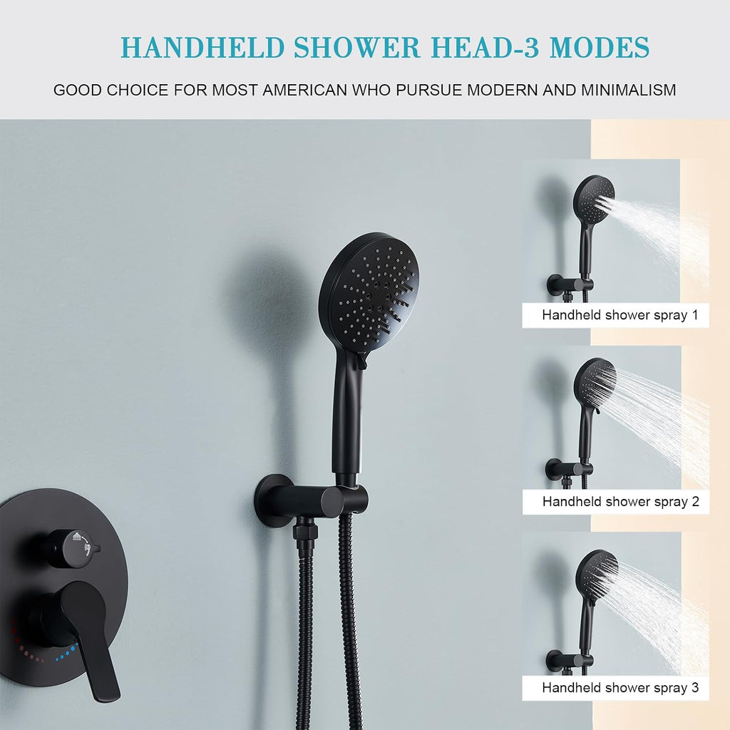 Matte Black Shower Faucet Set, Rainfall Shower System with 10 Inches Rain Shower Head and Handheld The Wall Mounted Shower Fixtures with Brass Valve for Bathroom