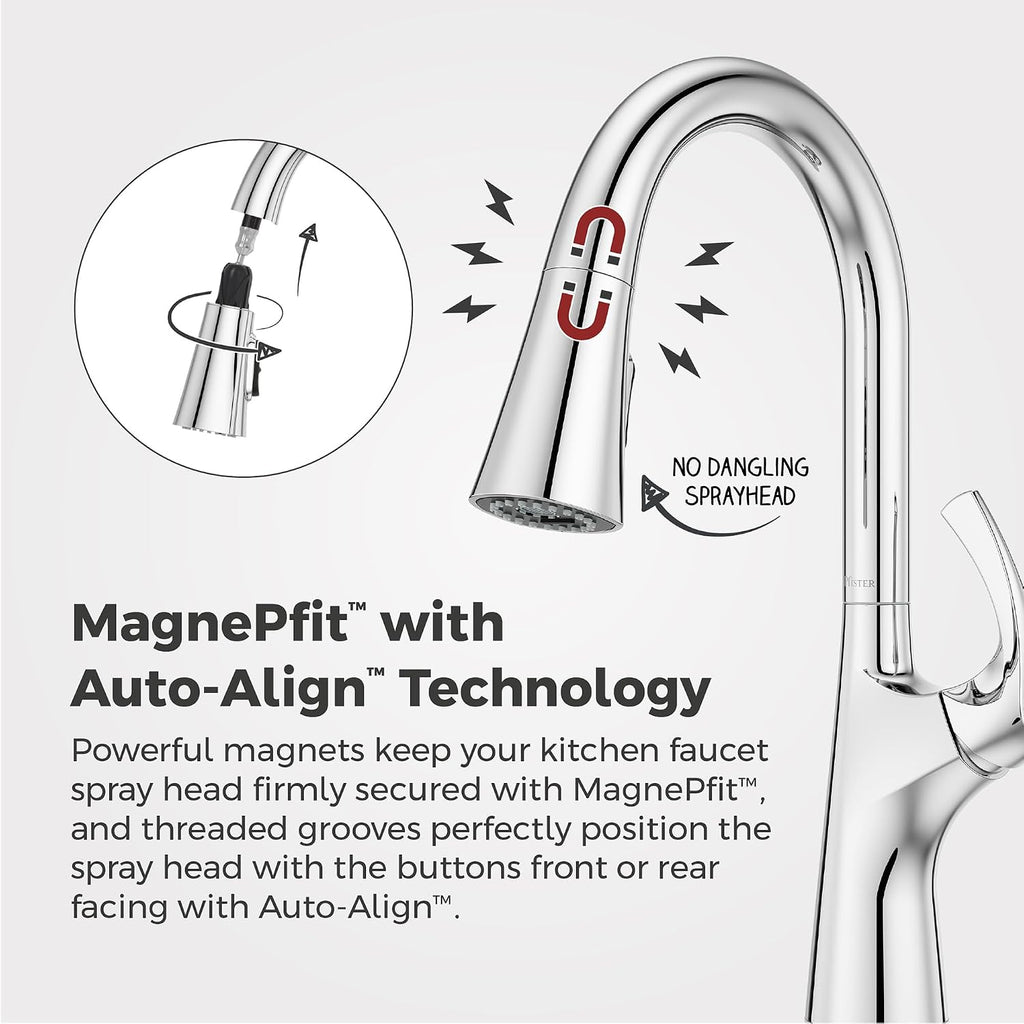 Pfister Talega Pull-Down Kitchen Faucet with Sprayer in Polished Chrome - Single Handle High Arc Kitchen Sink Faucet with 3 Water Settings, 360° Swivel Spout and MagnePfit Docking F5297TEC