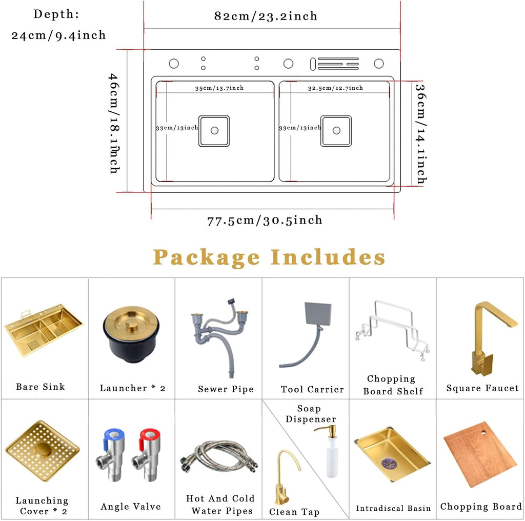 Kitchen Sink 304 Stainless Home Sink Kitchen, Double Gold Sink Kitchen, with Faucet, Clean Faucet, Soap Dispenser, Cutting Board and Accessories,Gold B-82X46cm