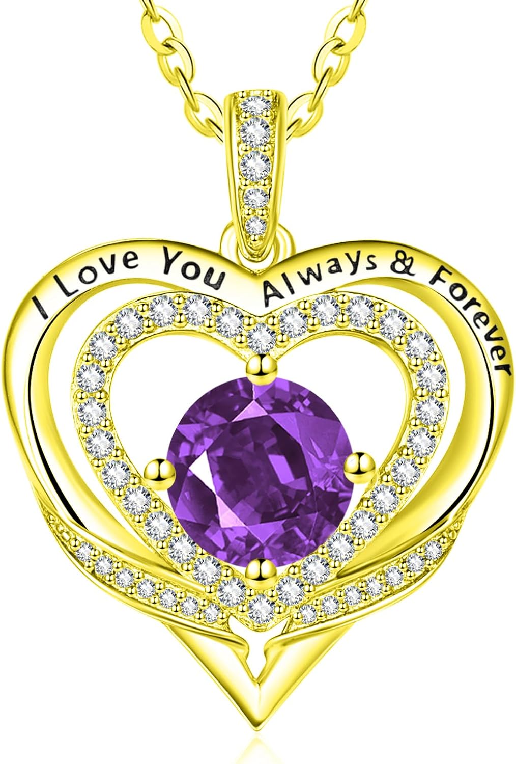 14K Gold Heart Necklaces for Women with Birthstone Pendant ，Double Hearts Necklace Jewelry Gift for Girlfriend Mom Anniversary Birthday Adjustable Chain 18' + 2' 'I Love You Always & Forever