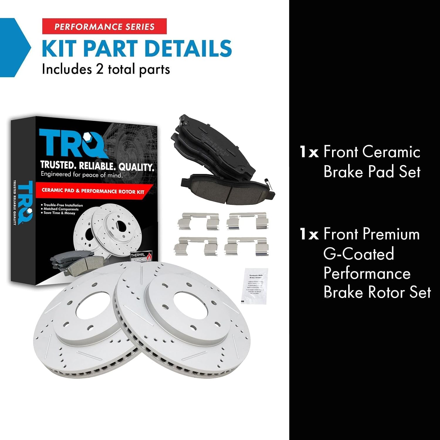 TRQ Performance Front Brake Pad and Rotor Set Ceramic G Coated Drilled Slotted Vented Rotors Compatible with 2004-2005 Infiniti QX56 2004-2005 Nissan Titan 2004 Pathfinder Armada 2005 Armada
