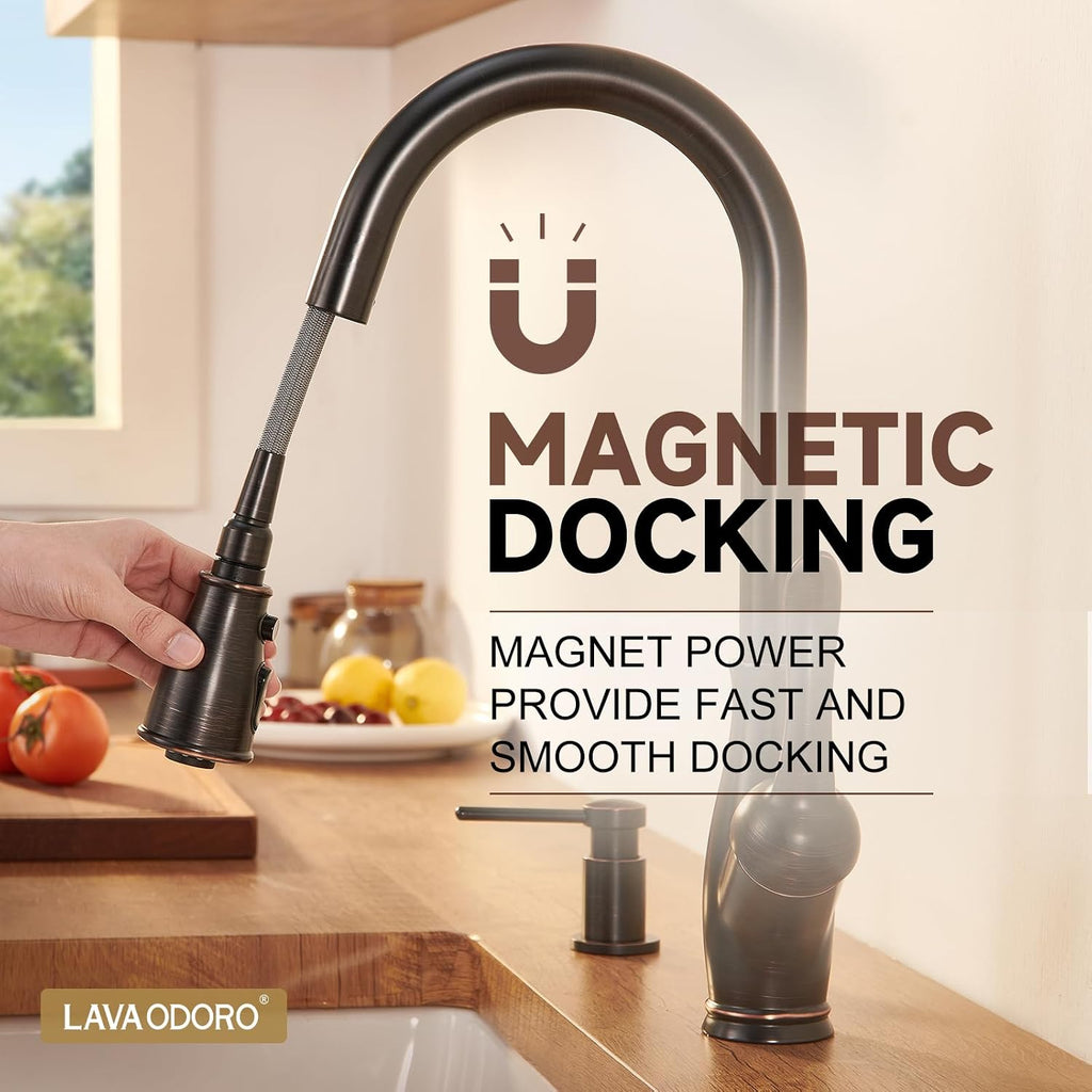 Oil Rubbed Bronze Kitchen Faucet with Pull Down Sprayer, Lava Odoro Bronze Kitchen Sink Faucet with Magnetic Docking Spray 3-Function, Brass Faucet for Kitchen Sink 1 Hole and 3 Hole, KF271-ORB